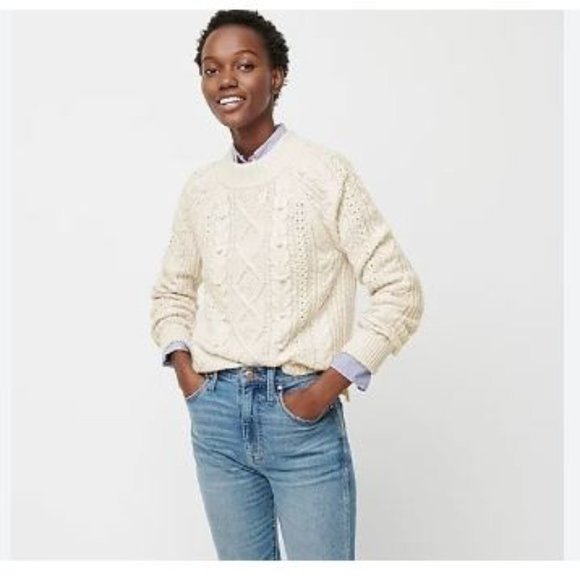 NEW J. Crew Pom pom Cable knit Lambs  Wool  Pullover Sweater Sz XS - Picture 1 of 9